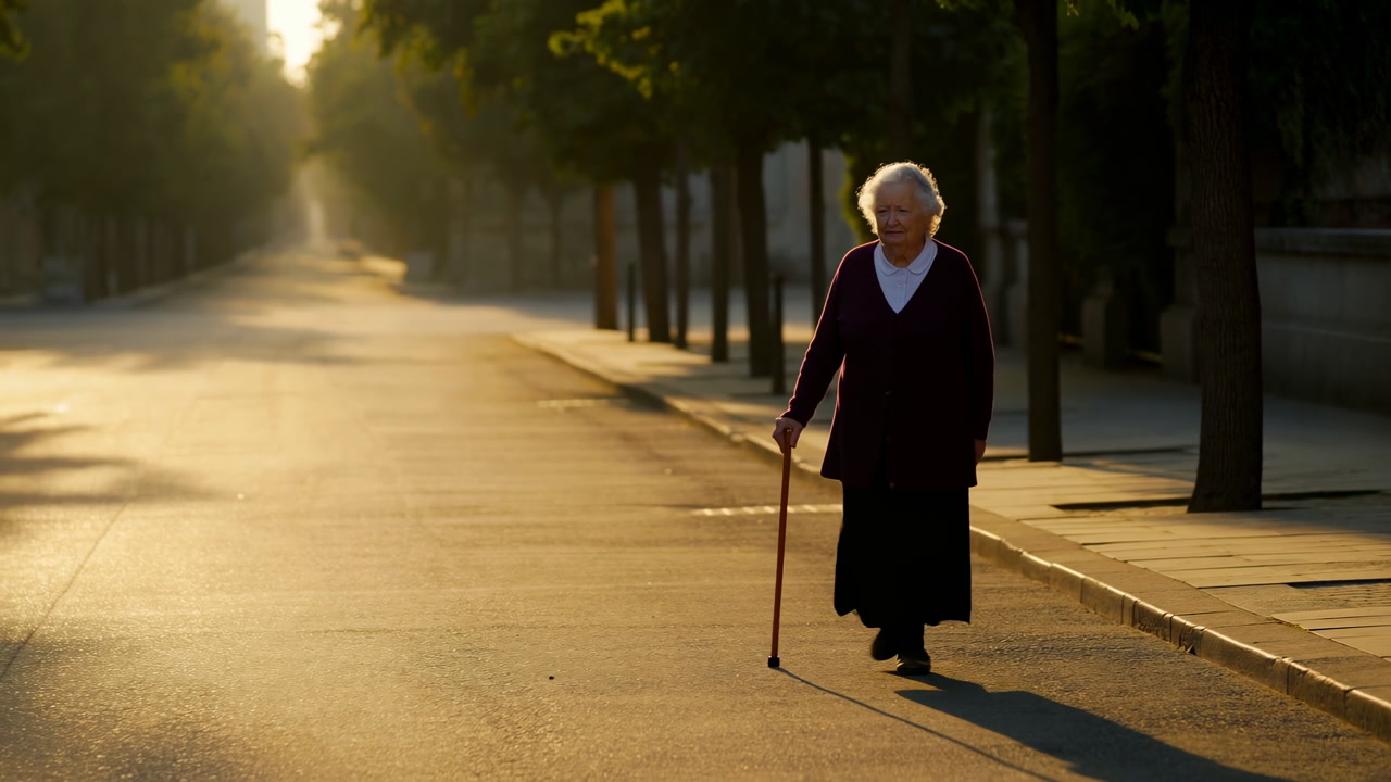 Elderly Caucasian Woman Walking At Sunrise Using Cane Along Empty Tree Lined Avenue, Warm Golden Light Casting