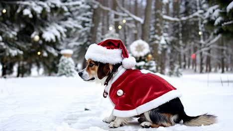 dog in santa suit in the snow