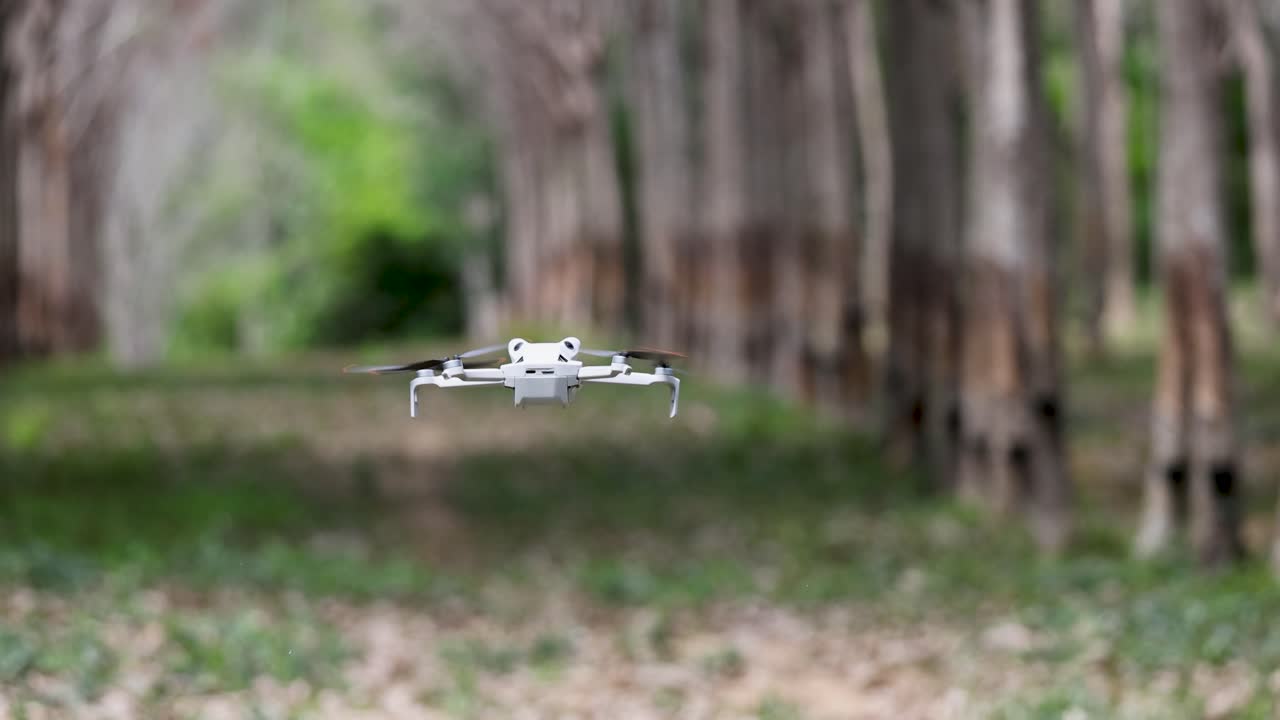 A drone hovers steadily along a tree-lined path in Phuket, Thailand, showcasing serene natural surroundings and precise aerial control