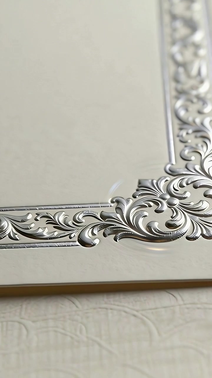 Vertical video: Pulling back camera revealing silver embossed frame on cloth, showcasing motif