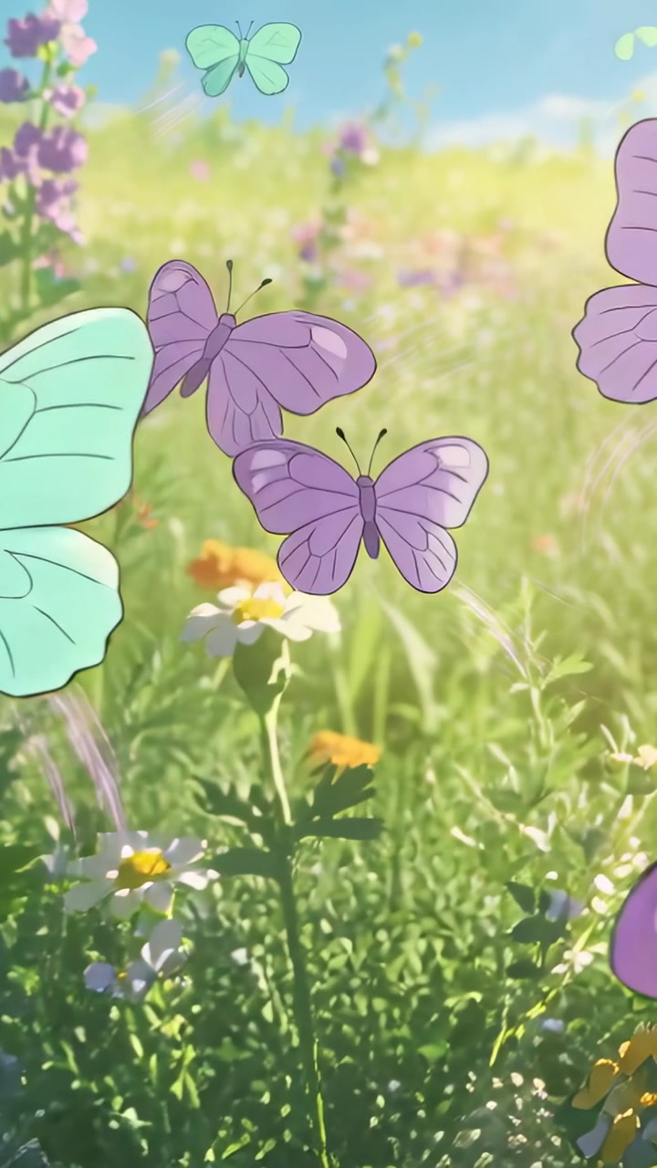 Sunlight sparking butterflies fluttering upward, revealing meadow in nature animation for designers