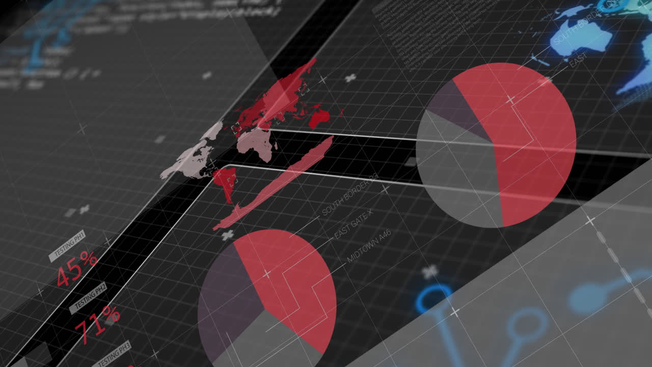 Animation of digital dashboard with red pie charts and map on screen