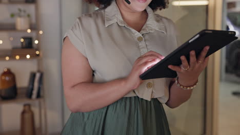 woman, tablet and hands in call center office