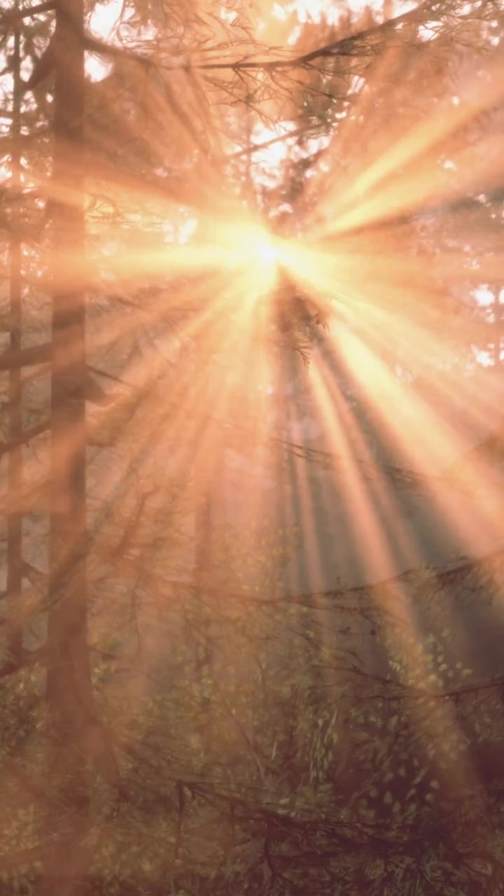 A luz do sol atravessa as árvores em uma floresta nas primeiras horas da manhã.