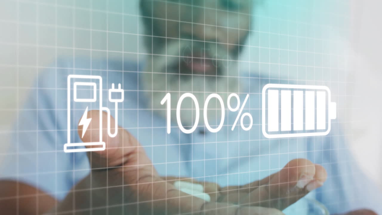 Man holding white wireless earbuds overlaid with digital grid showing eco charging icons for tech