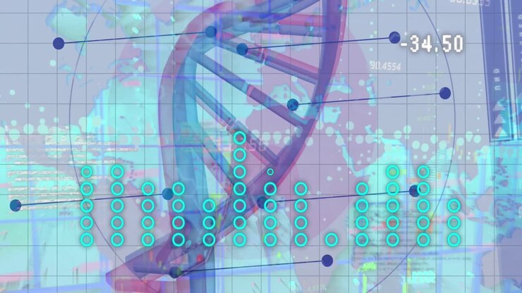 Animation of graphs, dna and numbers over world map