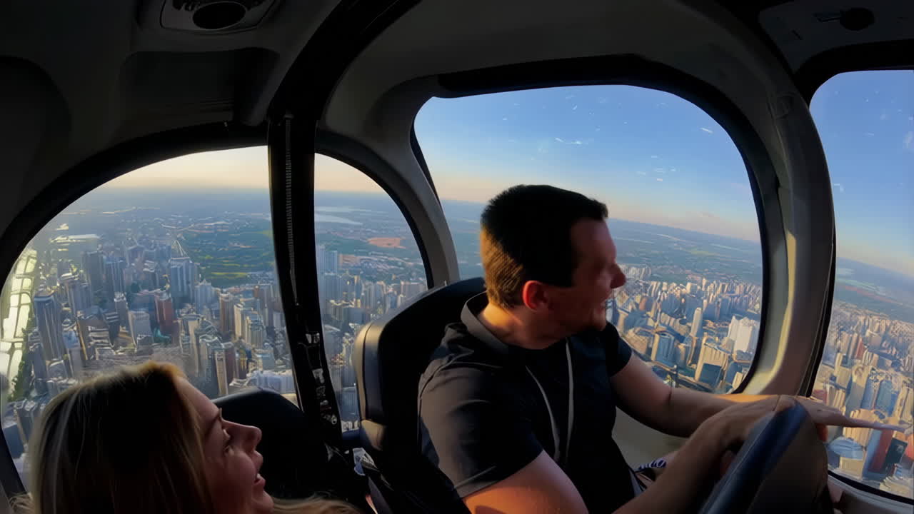 Couple enjoying a Helicopter Flight over a City