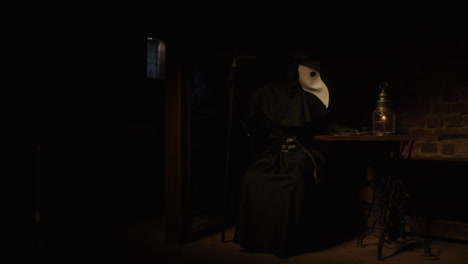 plague doctor in a dark room