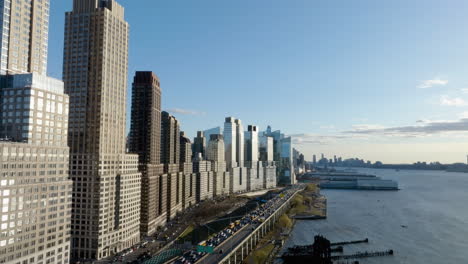 aerial view of the riverside boulevard high-rise condos, sunny spring day in ny, usa