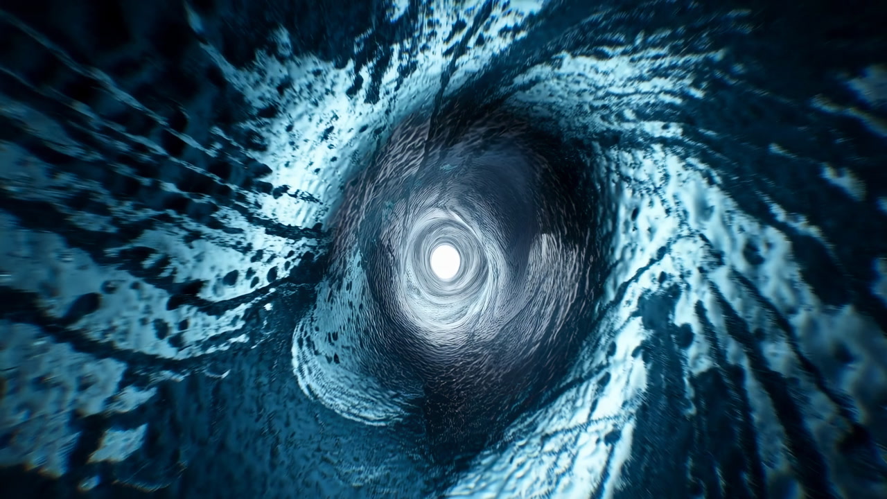 Icy Spiral Tunnel With Glowing Center, Textured Ice Walls Spiraling Toward Bright Aperture, Slow Rotation