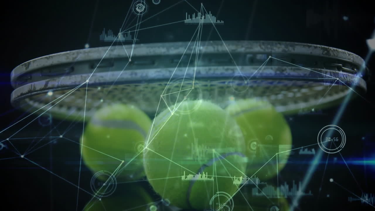 Tennis racket face hovering above green balls while glowing HUD elements projecting live analytics
