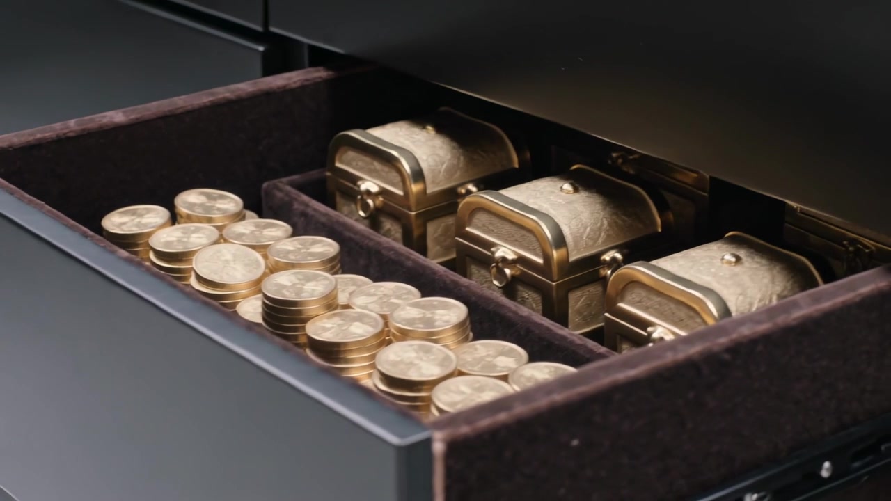 Tirando un cassetto nero, che rivela pile di monete d'oro e sei forzieri di metallo in un compartimento foderato di feltro.