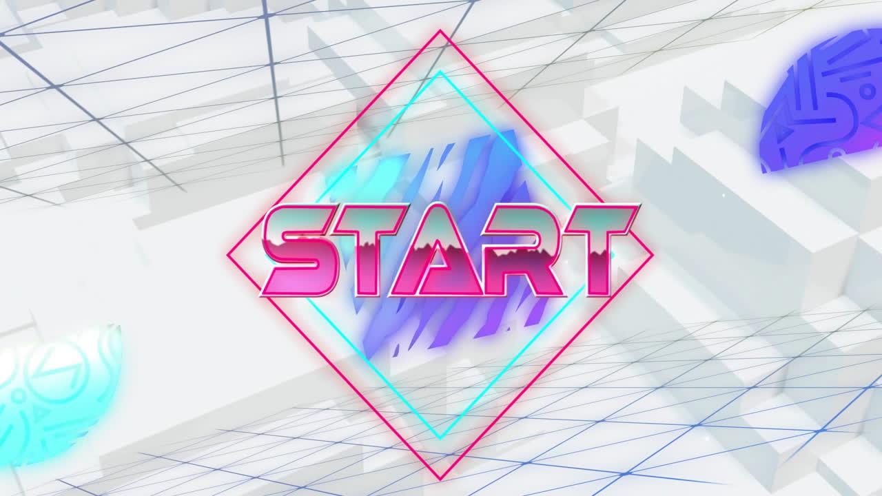 Animation of start text and colourful shapes moving