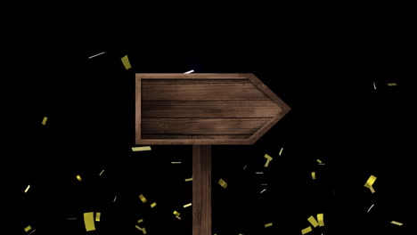 animation of gold confetti over black wooden signpost on black background