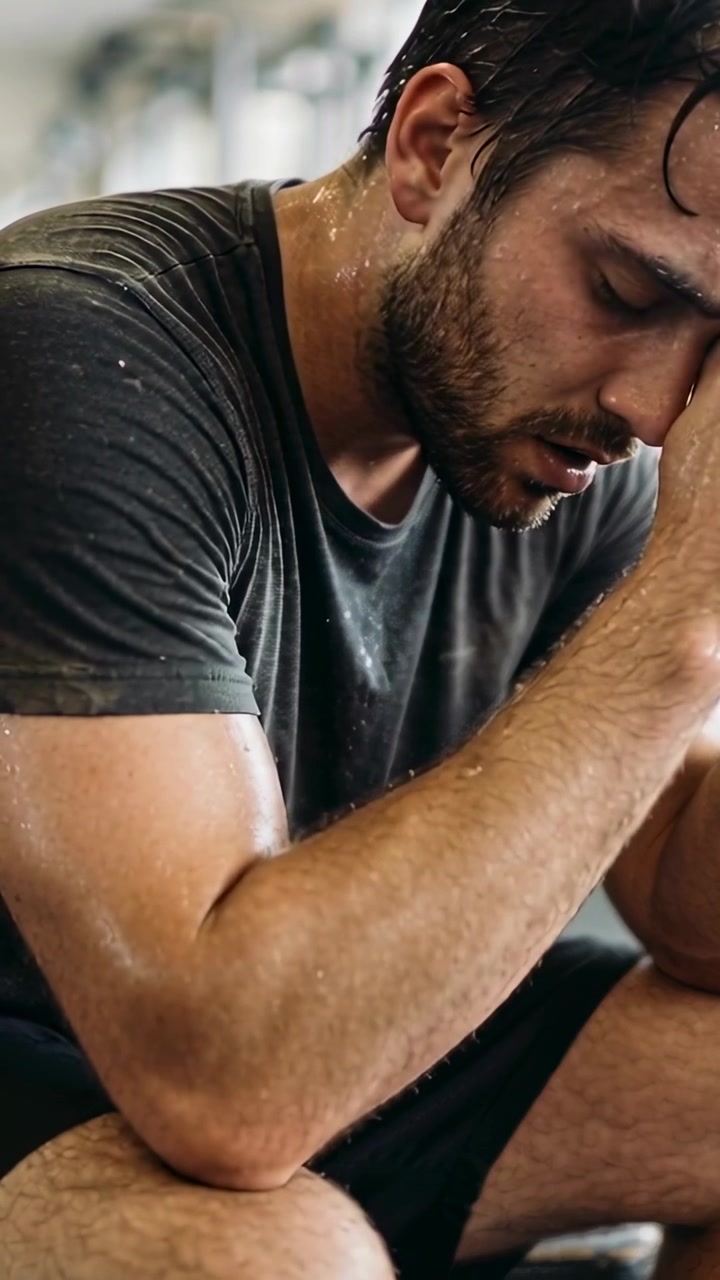 Vertical video: Sitting man in dark tee, shorts rubbing face at gym bench, sweating after workout