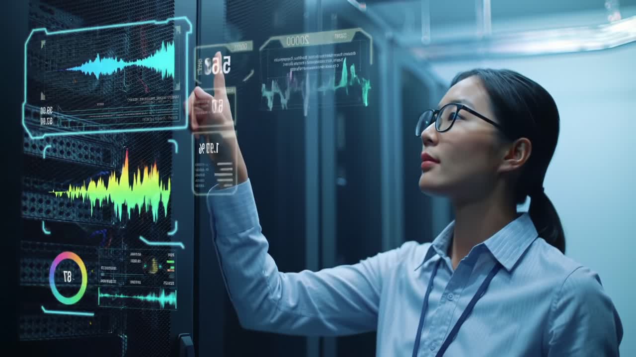 A data analyst engaged in monitoring server metrics and performance indicators in a high-tech server room, showcasing the fusion of technology and human expertise in data management