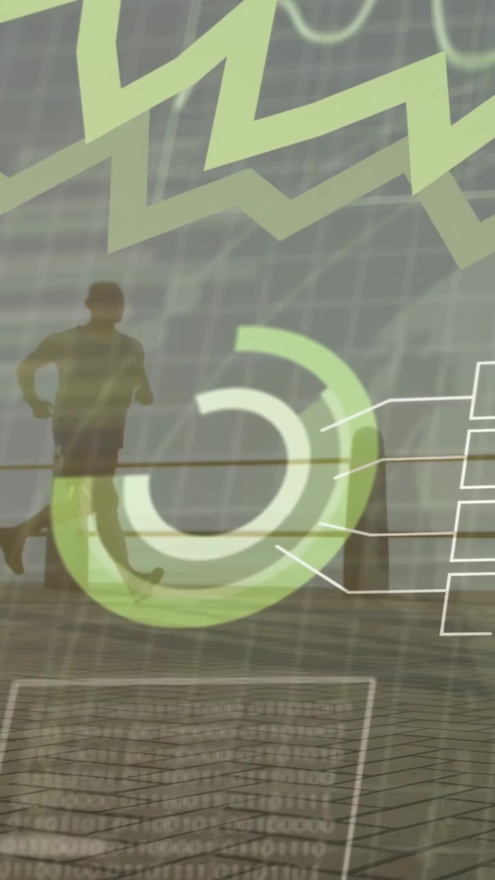 Video verticale: HUD che mostra un indicatore radiale e una linea di tendenza mentre un corridore corre lungo la riva, monitorando il fitness.