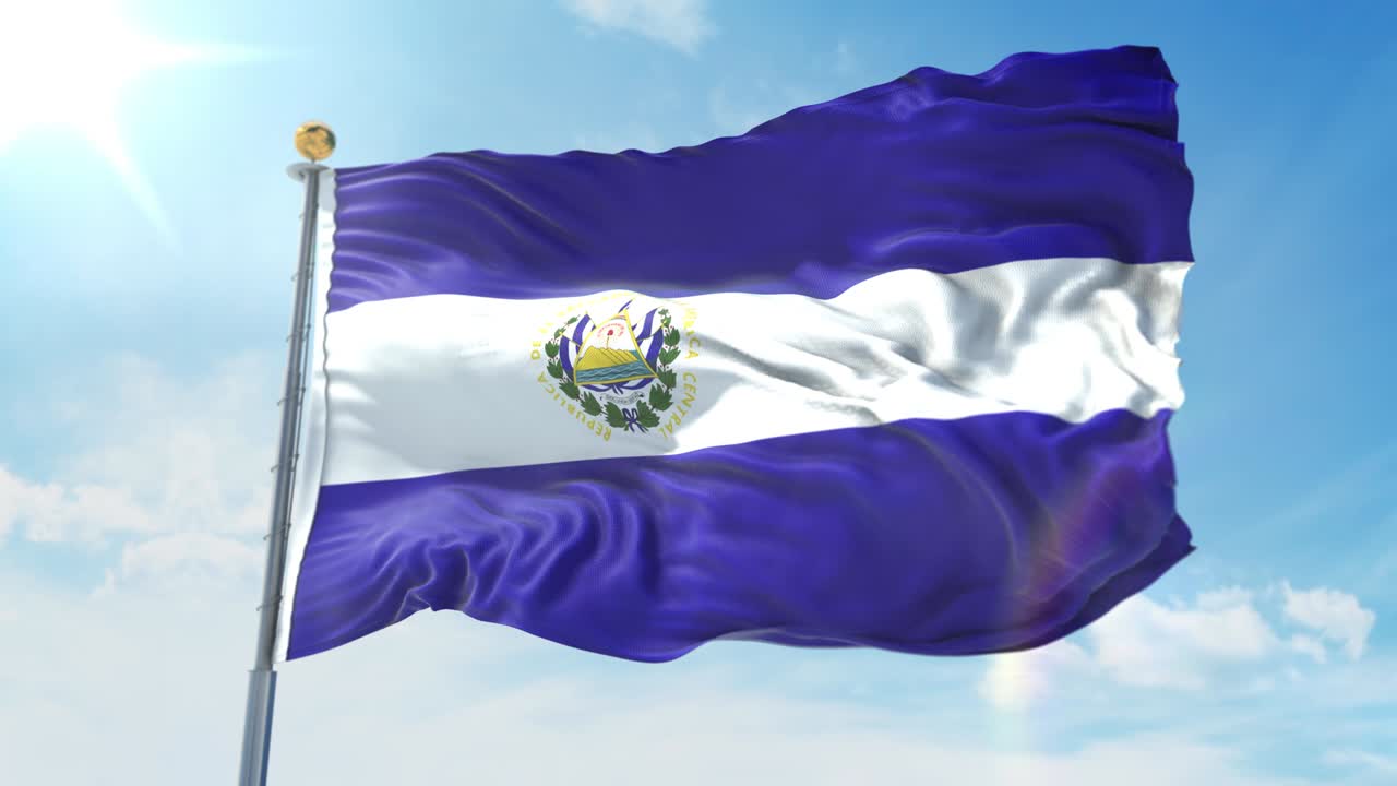 깊은 파란 하늘을 배경으로 바람에 흔들리는 엘 살바도르 발, 국가 테마, 국제 개념, 3d 렌더링, 시엄리스 루프, 4k