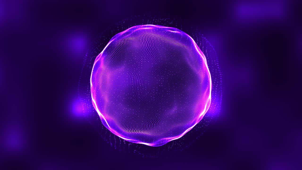 Purple high tech field with glow particles on sphere. 3d animation