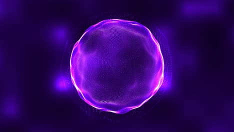 purple high tech field with glow particles on sphere. 3d animation