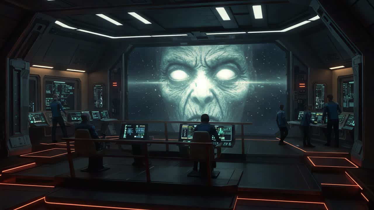 In un'avanzata sala di controllo futuristica, un team di operatori interagisce con un enorme display che mostra un inquietante volto alieno, enfatizzando la tensione e il mistero all'interno dell'ambiente high-tech.