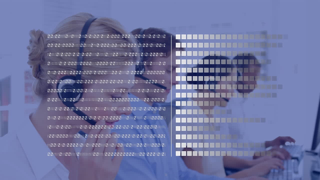 Animation of binary coding data processing over business people using phone headsets