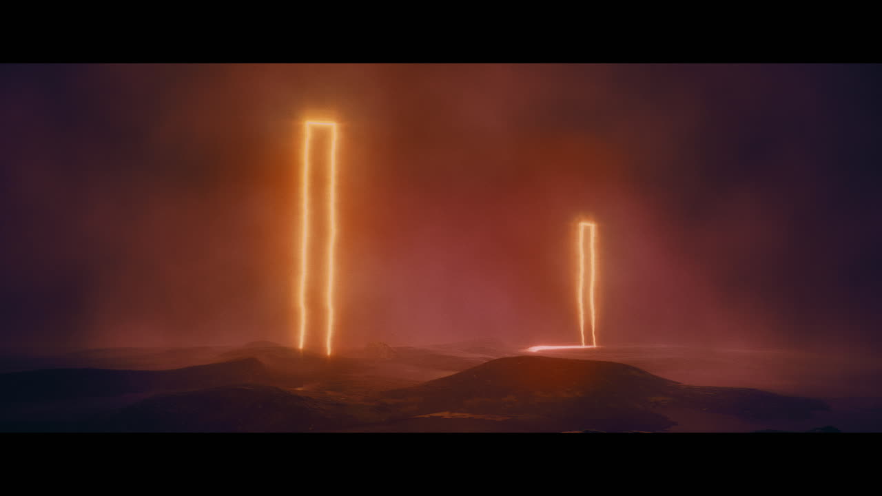 Rocky landscape with huge red light portal structures