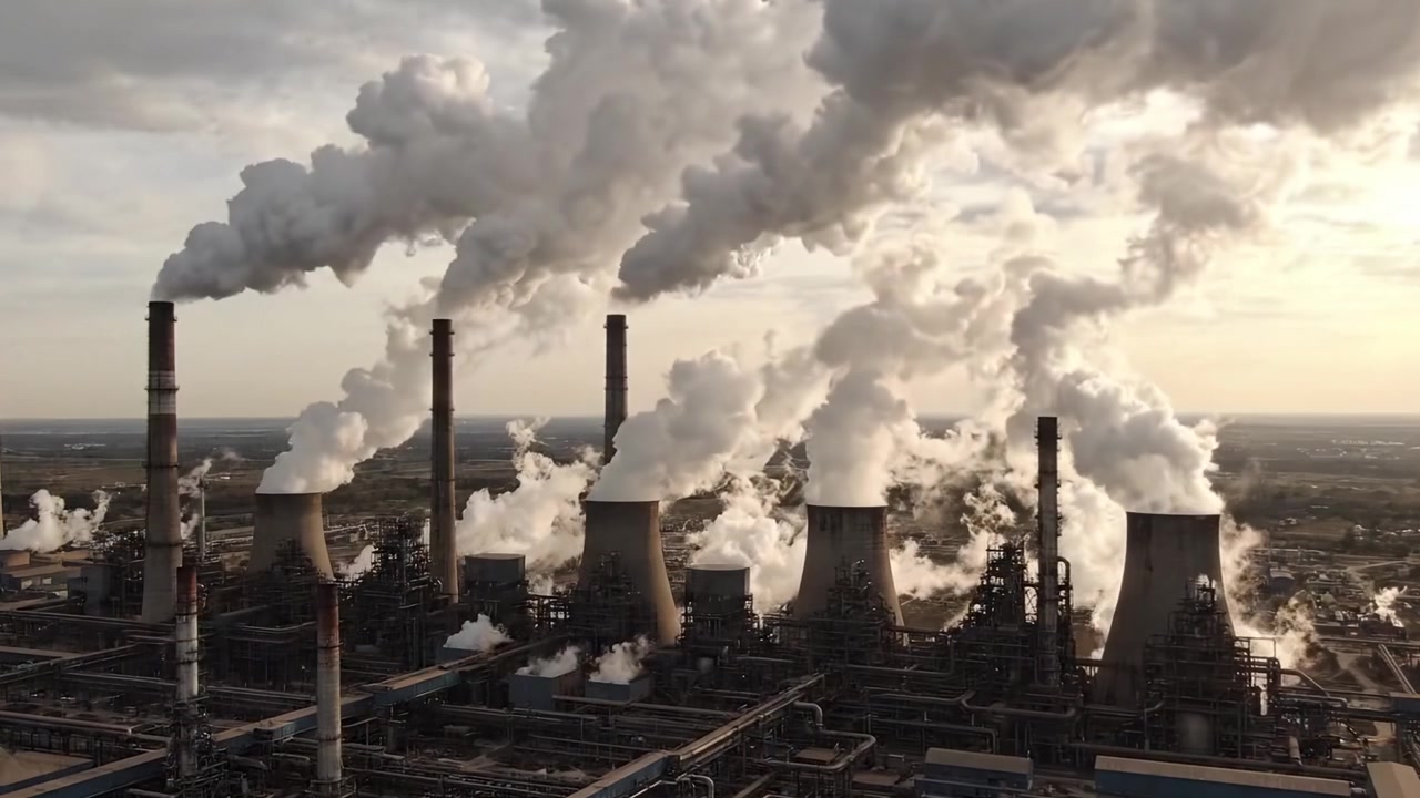 Paesaggio industriale di ciminiere e torri di raffreddamento: Catturare la complessa realtà di una fabbrica con fumo e inquinamento crescenti in un contesto moderno