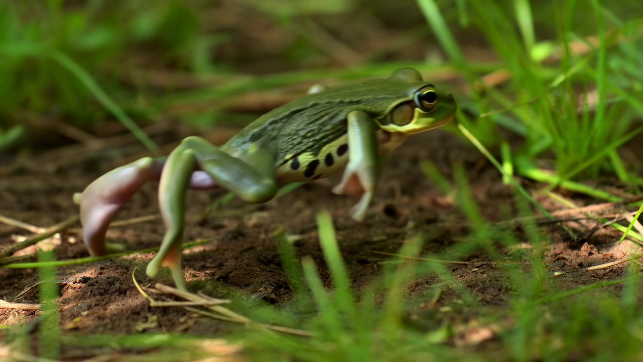 Frog shifts from still rest into steady forward motion over earthy ground and low vegetation, approaching the frame edge as natural light reveals green skin, body markings, and extended limbs.