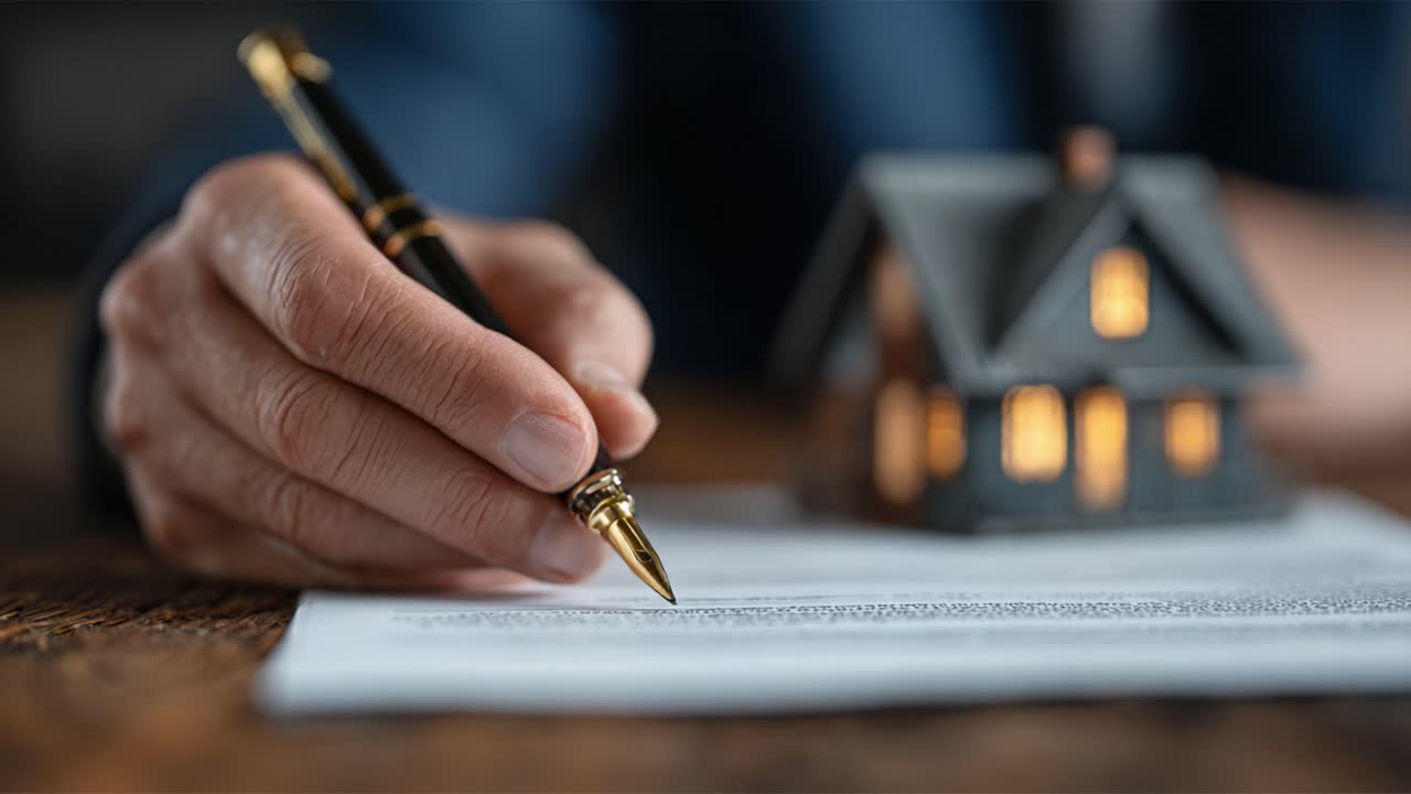 Processo di firma dei documenti: individuo che finalizza importanti pratiche burocratiche con una penna accanto a una casa in miniatura, a simboleggiare le transazioni immobiliari e la proprietà