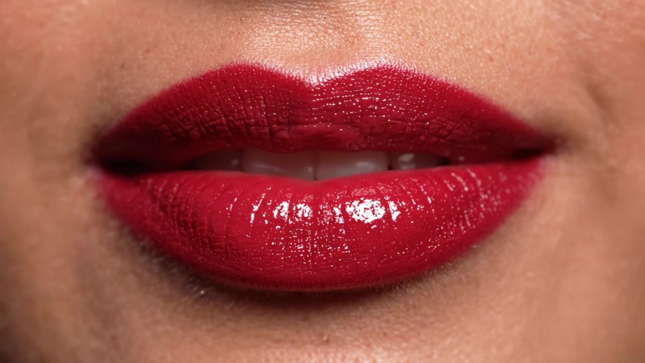 Close-up Cativante de Lábios Volumosos: Uma Exibição Deslumbrante de Batom Vermelho Brilhante Realçando Perfeitamente a Beleza e a Elegância de Bocas Cheias e Macias