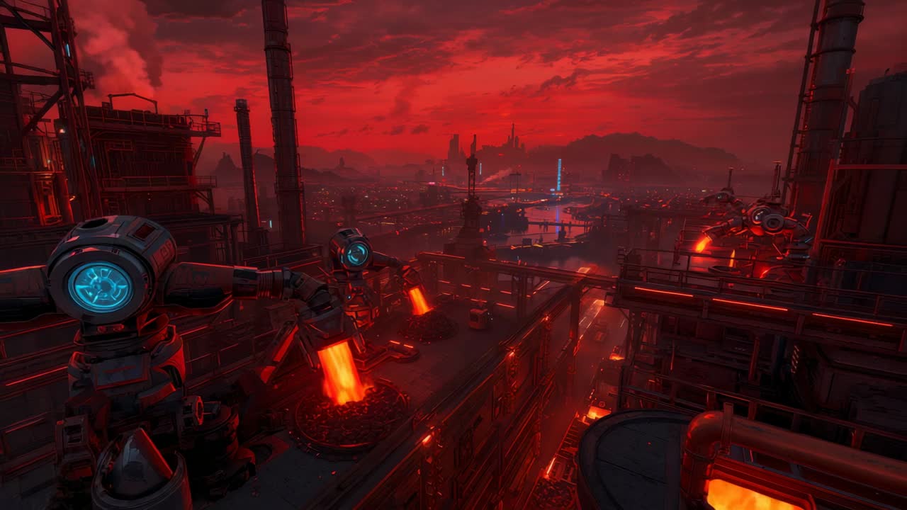 Panning foundry at dusk, robotic pouring arm channeling glowing molten metal into crucible to fill