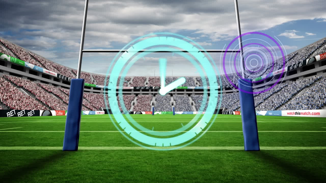 Animation of scanner with clock face processing over rugby goalposts on pitch at stadium