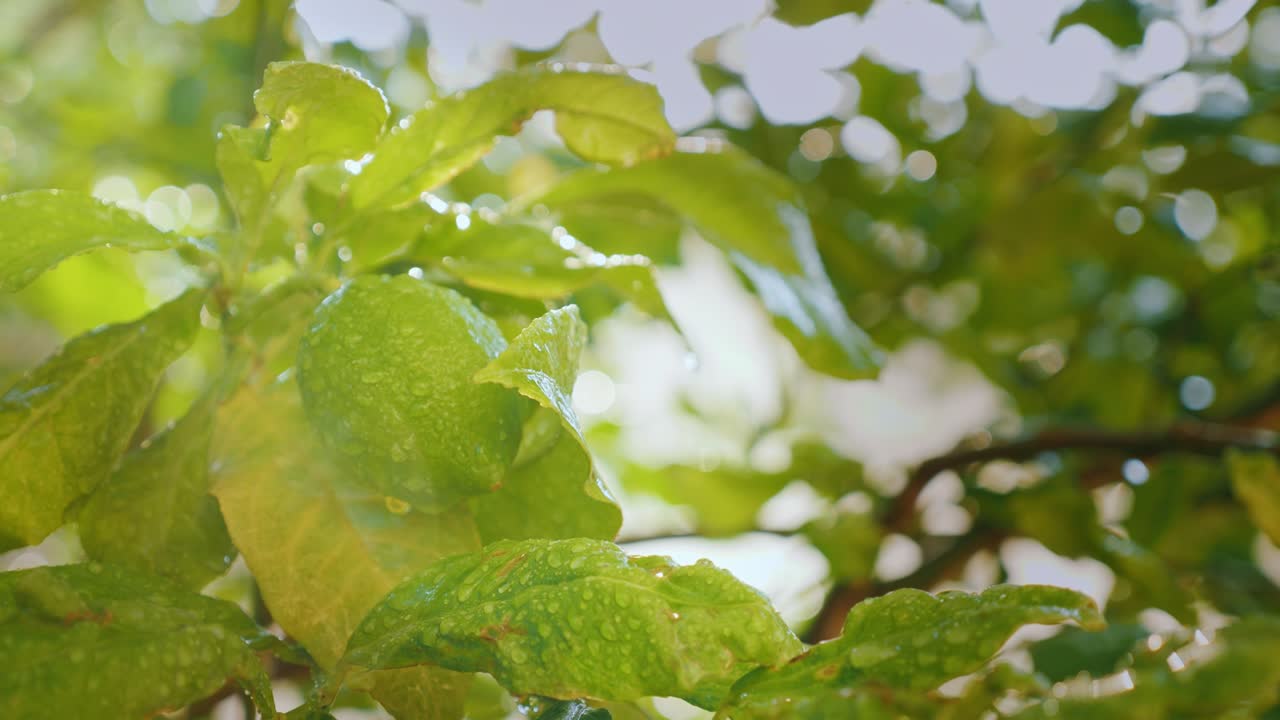algunos limones con gotas de agua maduran al sol