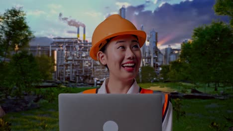 Close Up Of Asian Female Engineer With Safety Helmet Working On A Laptop And Looking Around While Standing In Front Of Oil Refinery