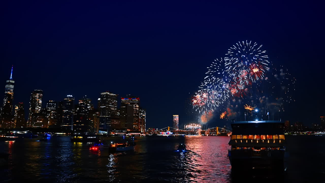 Stunning firework show over the East River. Watching 4th July celebration from the boat at night