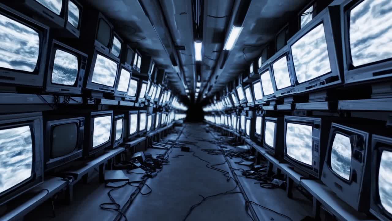 Rows of vintage televisions displaying swirling clouds create a mesmerizing visual journey through a dark corridor, emphasizing the contrast of light and shadow in a surreal environment