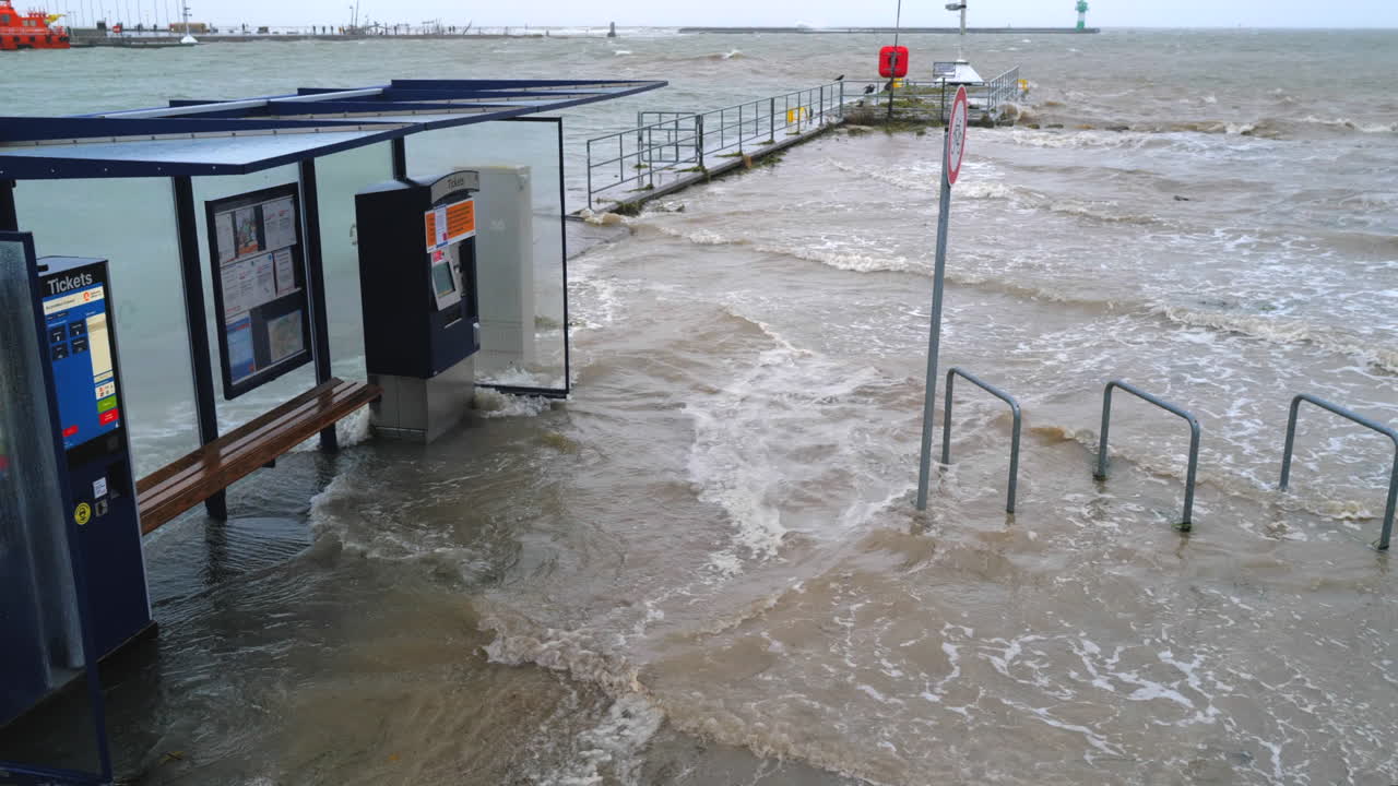 due to a heavy storm tide parts of the harbor of Travemuende are under water