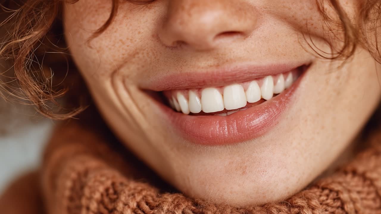 A Joyful Smile: Close-Up of a Young Woman with Freckles and Curly Hair, Representing Warmth and Happiness in a Cozy Setting