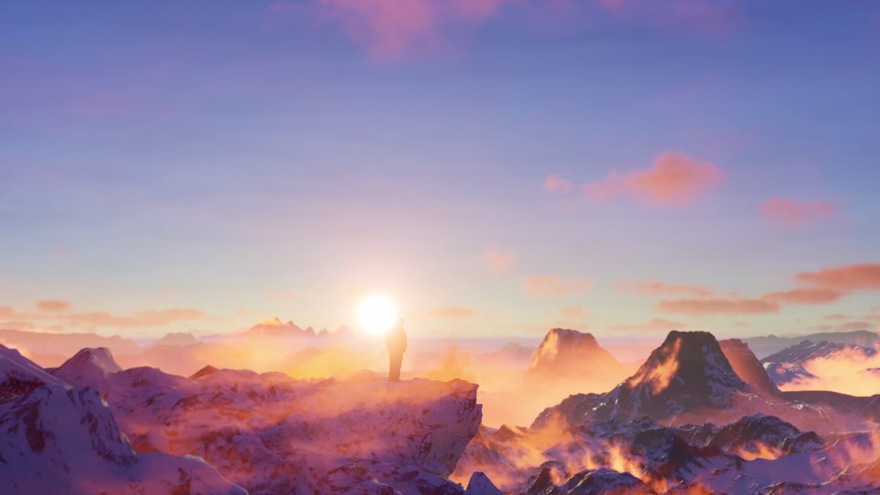 바위 산 꼭대기에 있는 남자 하이커의 에픽 어드벤처 컴포지트: 드라마틱한 해가 지는 하늘, 3d 렌더링 피크, 자유 개념, 애니메이션