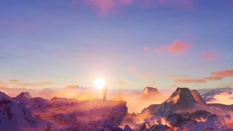 epic adventure composite of man hiker on top of a rocky mountain. dramatic sunset sky. 3d rendering peak. freedom concept. animation