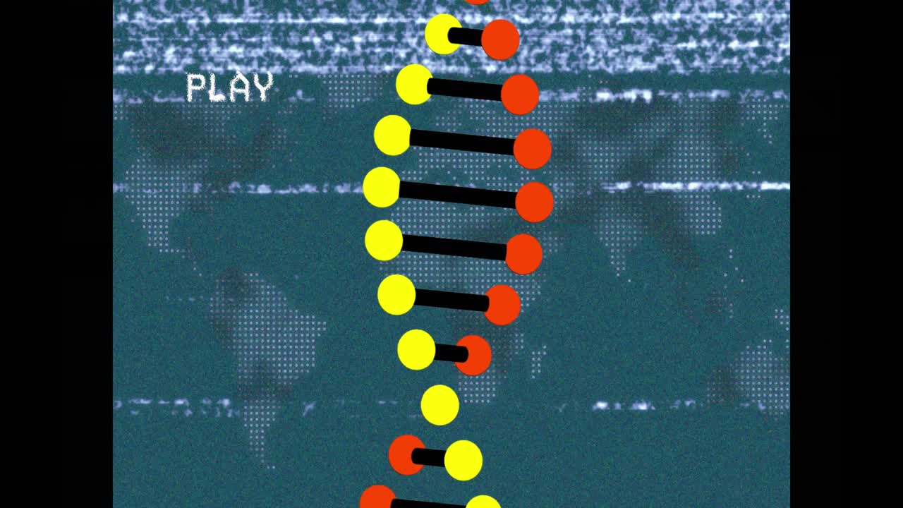 Animation of play digital interface on screen with dna strand and data processing