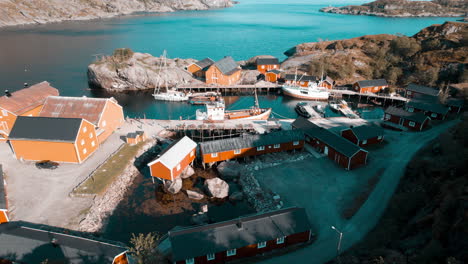 Nusfjord:-Vibrant-Colors-and-Fishing-Tradition-from-the-Sky-in-Spring,-Lofoten-Islands,-Norway