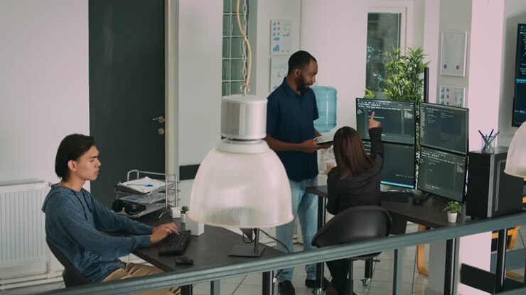 Multiethnic team of app developers collaborating on group project