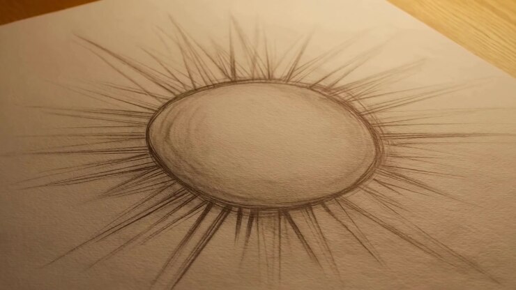 Schizzo di sole a matita con un ovale centrale scuro e molti sottili segni radiali su carta artistica testurizzata, appoggiato in diagonale su una superficie di legno sotto la calda luce di una lampada da studio per un'atmosfera creativa e artigianale.