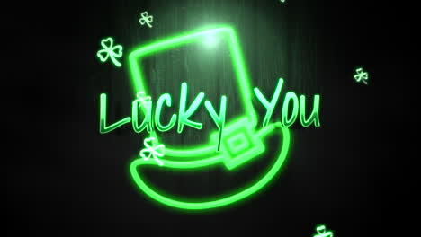 Animation-Nahaufnahme-Glück-Text-Und-Bewegung-Kleine-Grüne-Kleeblätter-Mit-Irischem-Neonhut-Auf-St.-Patrick-Day-Glänzendem-Hintergrund