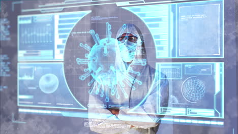 animación de células de virus e interfaz digital sobre un médico que lleva una máscara facial