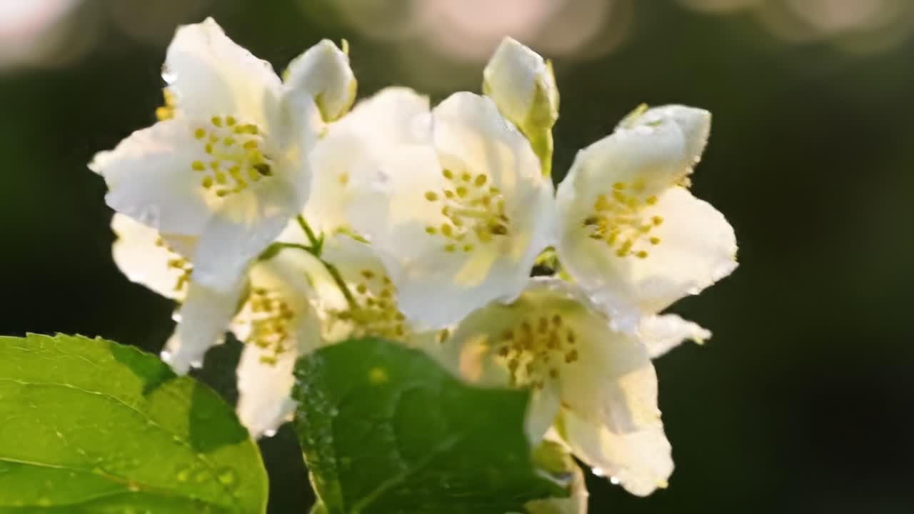 Delicate Blossoms of White Flowers Glistening with Dew, Capturing the Essence of Nature's Beauty and Tranquility in the Lush Greenery of Springtime