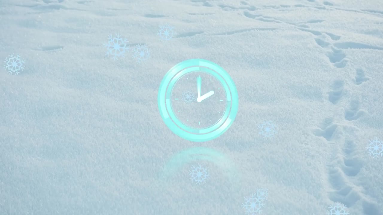 animación de escáner circular con manillas de reloj y copos de nieve sobre tierra cubierta de nieve con huellas