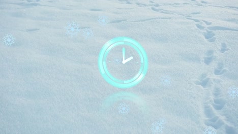 animation of circular scanner with clock hands and snowflakes over snow covered land with footprints